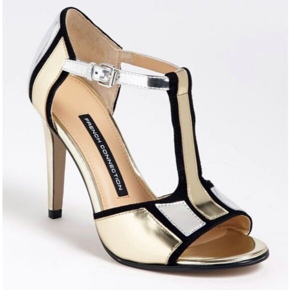 French Connection Nicky T-Strap High Heel Sandals Metallic Silver Size 37.5 - Picture 1 of 8
